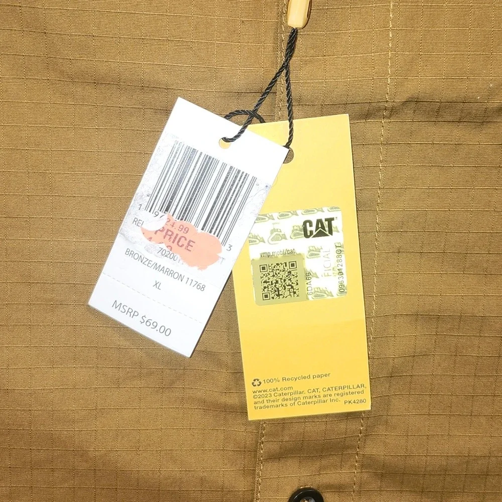 Caterpillar Men XL Ripstop Long Sleeve Work Shirt Coyote Tan CAT Logo NWT 3519